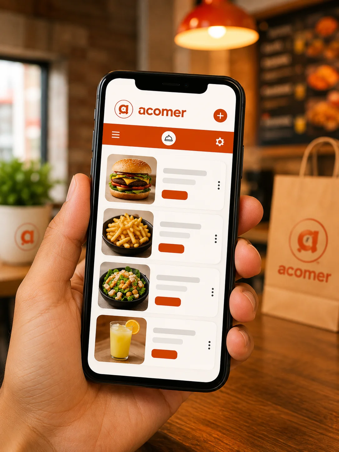 Menú de un restaurante con fotos y precios, visto en un celular