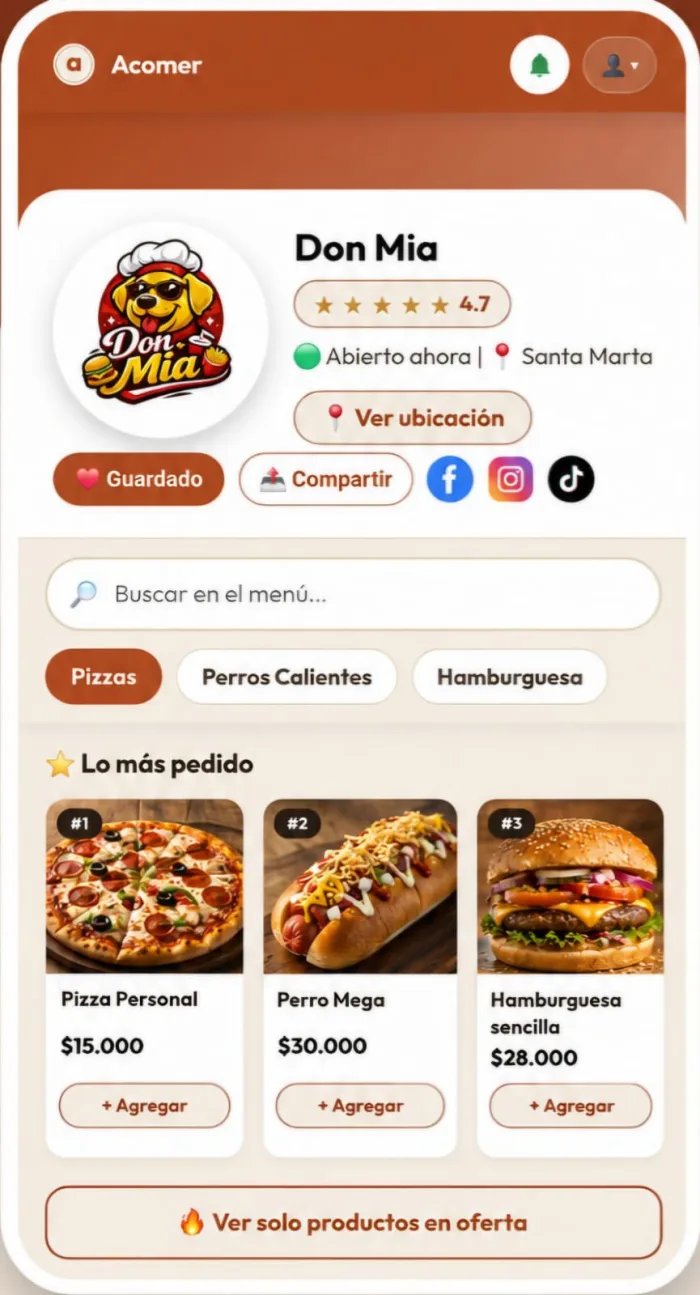 Menú digital de un restaurante en Acomer: logo, calificación, categorías y la sección "Lo más pedido" con fotos y precios de cada plato.