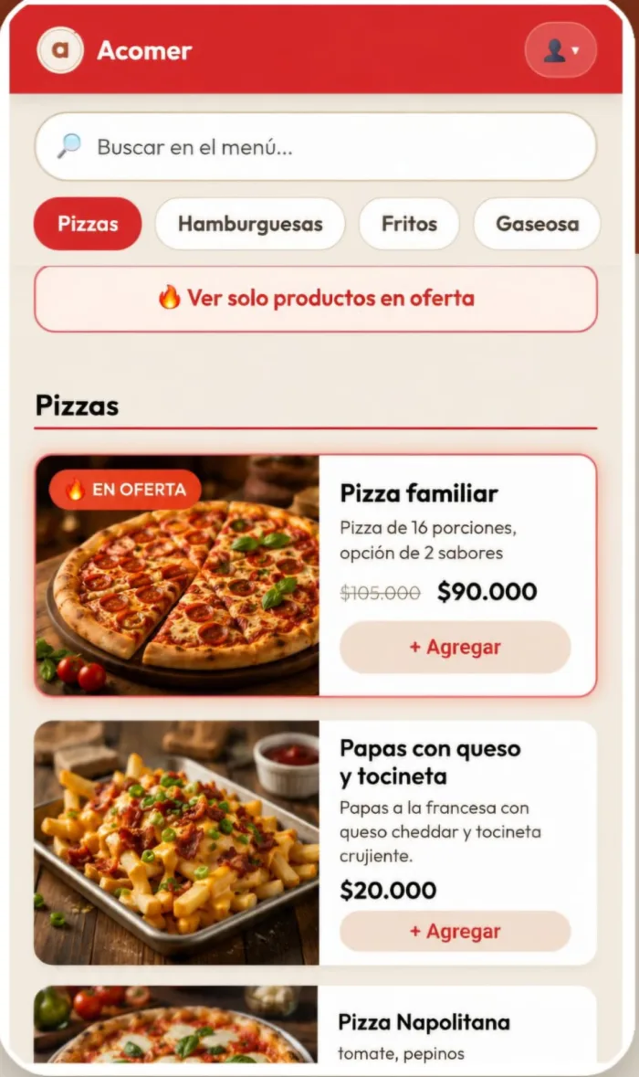 Otro menú digital de Acomer, con los colores propios del restaurante: buscador, categorías y platos con foto, descripción, precio y un producto en oferta.